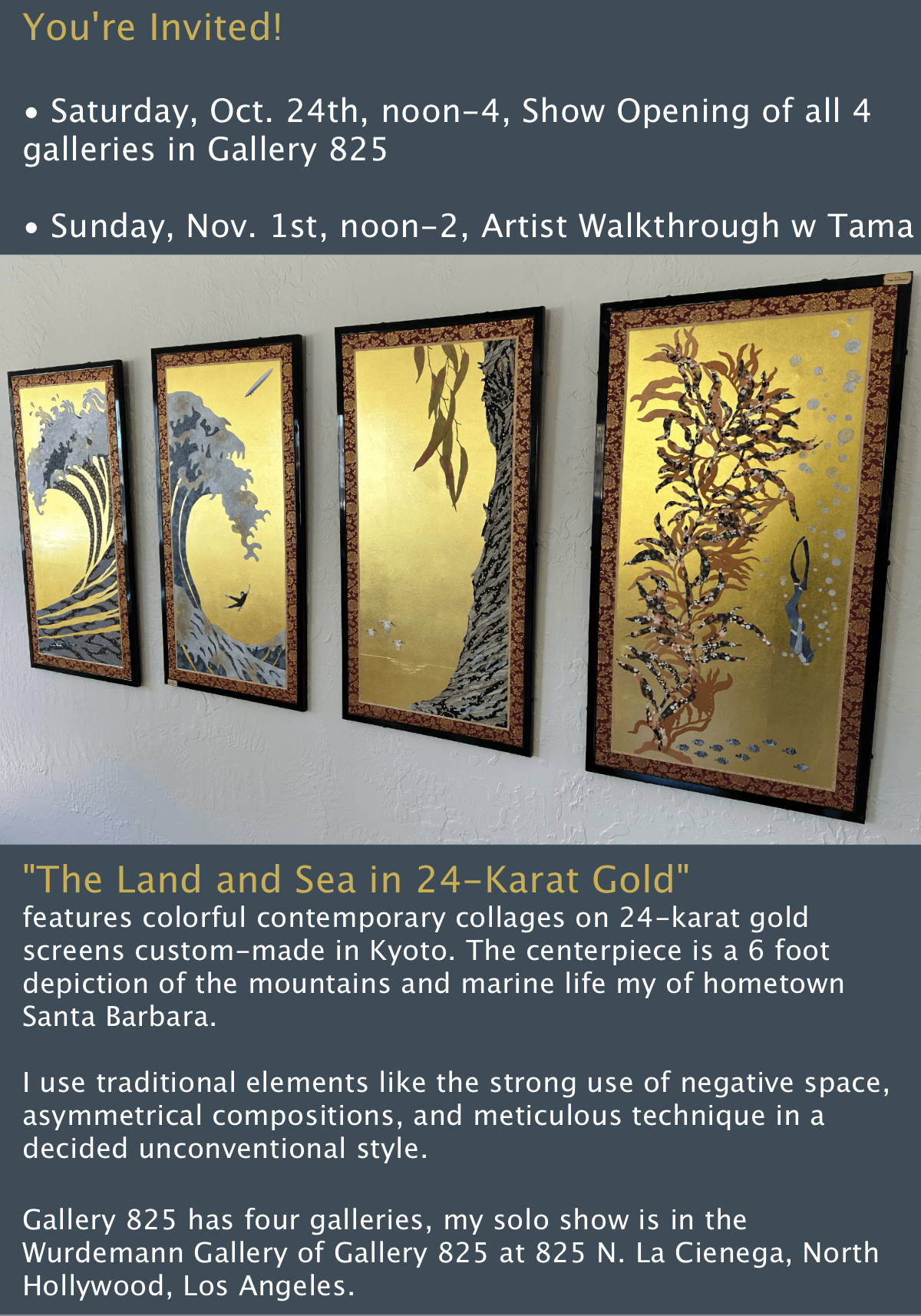 Website for Tama Takahashi's art using washi paper collaged on gold screens