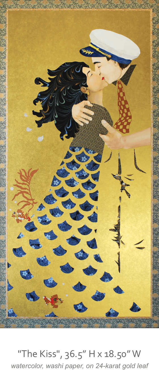 art by Tama Takahashi titled Accepting the Challenge showing a wave and female surfer